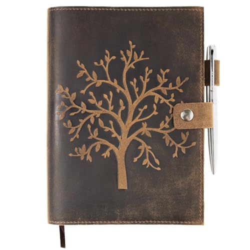 moonster Nachfüllbares Leder Notizbuch, mit Lebensbaum Prägung - Handgefertigtes Skizzenbuch aus Echtem Leder mit Stifthalter, inkl. Liniertem A5 Premium Papier & Stift - Tagebuch für Erwachsene