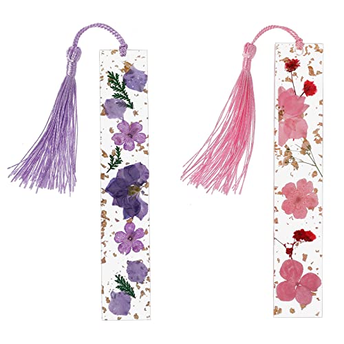 cobee Harz Getrocknete Blumen Lesezeichen, 2 Stück Transparente Gepresste Blumen Lesezeichen Handgemachte Blumenseitenmarkierung mit Quaste Nettes Lesezeichen für Frauen Kinder (Lila + Rot)