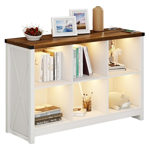 FREDEES Weißer Bücherregal mit LED-Lichtern, Landhaus 6 Würfel Bücherregale mit offener Ablage, Vintage Holz Bücherregal im Landhausstil für TV-Ständer, Schlafzimmer, Wohnzimmer, Arbeitszimmer