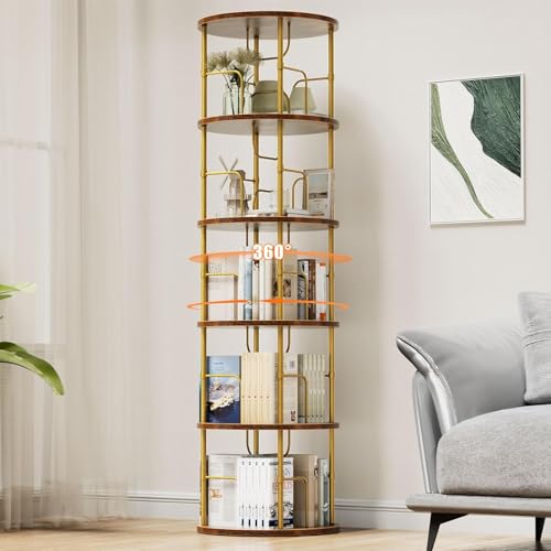 Flycity 360° Drehbares Bücherregal aus Holz, Standregal mit 5 Verstellbaren Ebenen, 45×45×160 cm, Vintage-Braun, Ideal für Bücher und Deko