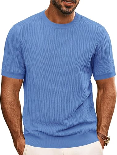 Strickwaren Herren Casual Weich Atmungsaktiv Kurzarm Einzigartig Aushöhlen Design Gestrickter Tops Temperament Vintage Mode T-Shirt C-Blue XL