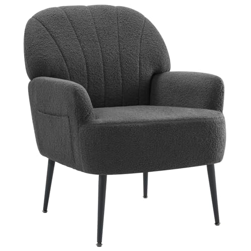 IWMH Sessel Schlafzimmer Wohnzimmer, Kunstfell Loungesessel Bequemer mit Armlehnen und Einer Seitentasche, stühle Gemütlich, polstersessel Lesesessel mit Metallbeinen (Grau)