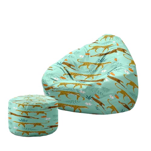 Treer Leopardenmuster Sitzsack mit Lehne und Hocker mit Ohne Füllung Großes Sofa Lazy Lounger Sitzsack Abdeckung Stuhlbezug Indoor Outdoor für Kinder und Jugendliche (Textur 11,130x150+20x30cm)