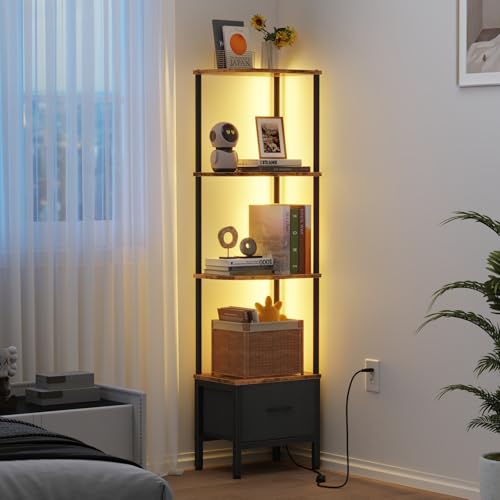 OYRREU Bücherregal mit 4 Ebenen, Regal mit LED-Beleuchtung und Stoffschublade, 147 cm schmales vitrine für Ecken, Wohnzimmer, Schlafzimmer, Eckregal, Retro-Braun