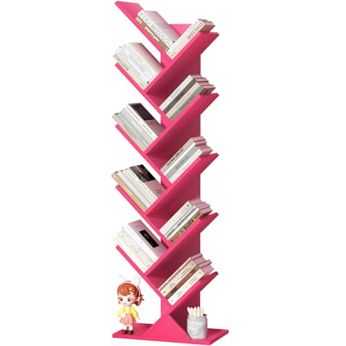LELELINKY Bücherregal Baumform, Standregal 10 Ebenen für Bücher/CDs/Zeitschriften, DVD Bücherregal Holz, Bücher Regal für Wohnzimmer, Schlafzimmer und Heimbüro, Rosa Farbe