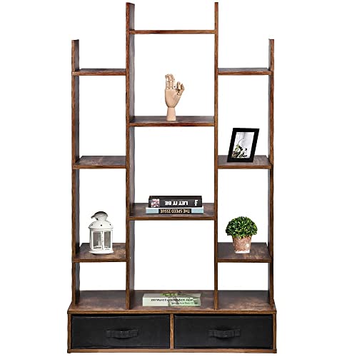 BAKAJI Bücherregal mit 12 Einlegeböden aus MDF-Holz, Antik-Optik mit doppelter Schublade aus Stoff, modernes Design, für Wohnzimmer, Wohnzimmer, Büro, Größe 140 x 25 x 86 cm