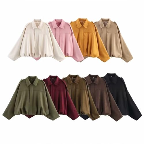 Bomberjacke aus Wildlederimitat für Damen, Puff-Reverskragen, Reißverschluss, plissiert, lässig, übergroß, lange Ärmel, trendige Streetwear-Oberbekleidung, 01#_Kaffee, L
