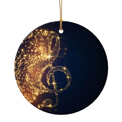 Goldene Musiknote mit glänzendem Stern, Weihnachtsbaum, Keramik-Ornamente, Anhänger, 7,3 cm, rund, Weihnachtsschmuck für Roman, 1 Stück