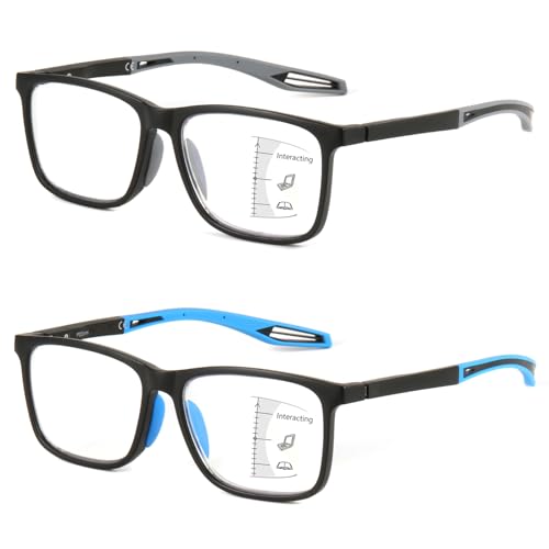 Missfive 2 Pack Sportliche Gleitsichtbrille Herren Gleitsicht Lesebrille Multifokale Blaulichtfilter Vollrand Raumcomfort-Brillen Mit Federscharniere (Schwarz&Blau, Nähe-Mittlere Entfernung, 2.0x)