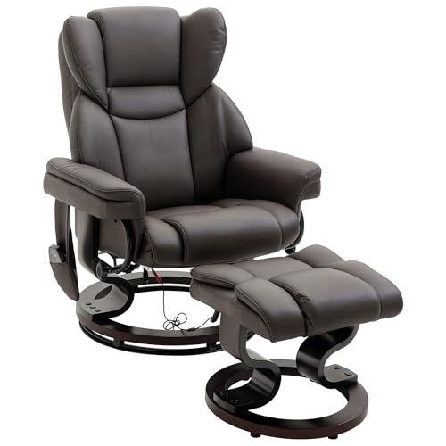 HOMCOM Relaxsessel mit Fußhocker, Elektrischer Fernsehsessel mit Liegefunktion, Drehbarer Massagesessel mit Fernbedienung, Seitentasche, für Wohnzimmer, Kunstleder, Braun