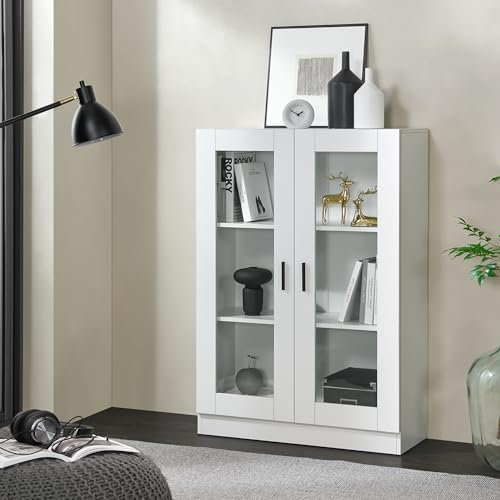 [en.casa] Vitrinenschrank Sorø Bücherregal mit 2 Glastüren und 3 Ablagen Hochschrank aus Spanplatte Schrank für Wohn- und Esszimmer Büro 80x31x115cm Weiß