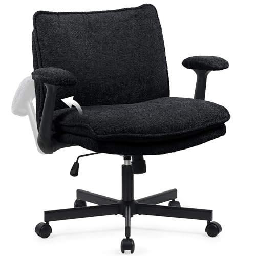 Schneidersitz Stuhl mit Armlehnen & Rollen, Ergonomisch Bürostuhl mit breitem Sitzkissen, Höhenverstellbar Schreibtischstuhl Drehstuhl mit Stoffpolsterung, Home Office Lesesessel Schminkstuhl