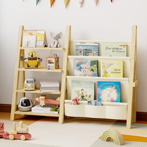 DUHARS Bücherregal Kinder Holz, mit Vier Etagen Kinder Regal für Spielzeug Aufbewahrung, Montessori Kinder Bücherregal für Kinderzimmer, Spielzimmer, Kindergarten, Schule, Kleines Bücherregal