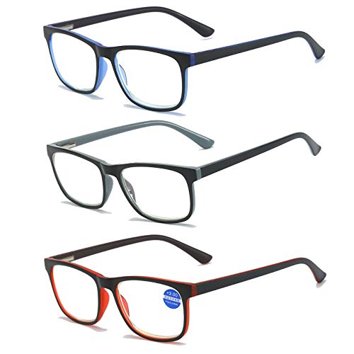 MMOWW 3er-pack Lesebrille Damen und Herren - Anti-blaue Computerbrille mit Federscharnieren (Grau+Blau+Rot,+1.5)
