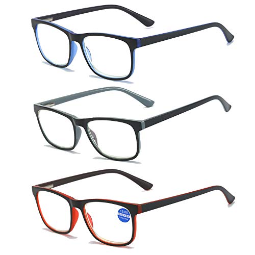 MMOWW 3er-pack Lesebrille Damen und Herren - Anti-blaue Computerbrille mit Federscharnieren（Grau+Blau+Rot,+2.0