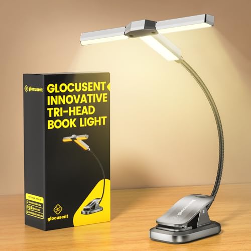 Glocusent Innovative Tri-Head Leselampe Buch Klemme, 3 Farben & 5 Helligkeitsstufen, 1000 mAh Aufladbare Buchlampe mit 30-Minuten-Timer, 10 bis 100 Stunden, Perfekt für Buchliebhaber