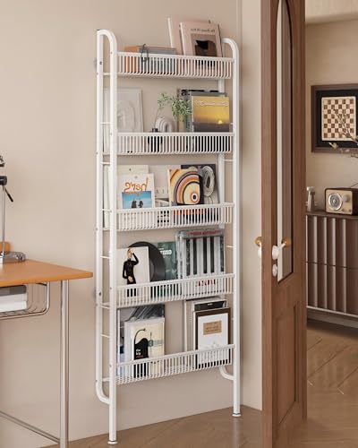 UMDONX Bücherregal gegen Wand, schmales 5 etagiges Metall Bücherregal, Leiterregal, multifunktional für Enge Räume, Weiß（62 x 9 x 159.5 cm）