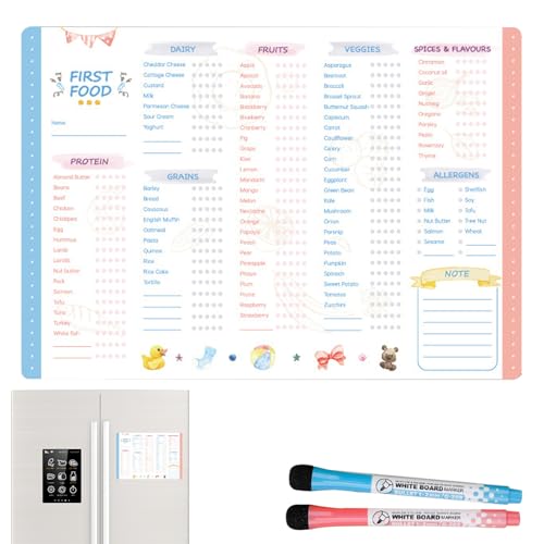 First Foods Diagramm – Magnetische Checkliste für die erste Nahrung | Baby-Entwöhnungsnahrungs-Tabelle | PET Nano löschbare Oberfläche, Kühlschrankmagnet mit 2 Stiften, einfache tägliche Verfolgung