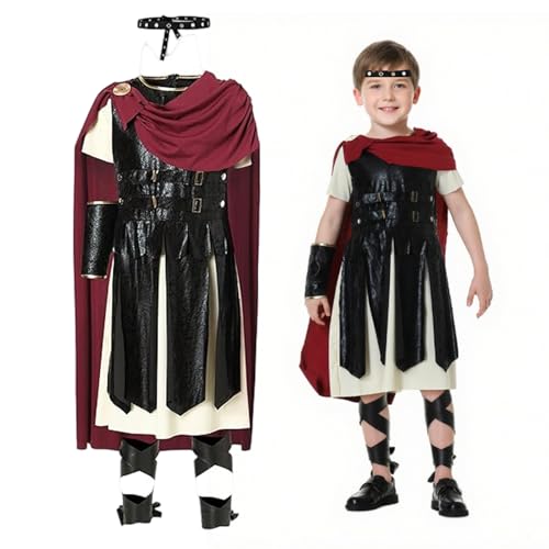 Soldat Kostüm für Jungen, römische Soldaten Kostümkinder, Cosplay für Jungen umfasst Stirnband, Kleid (einschließlich Cape), Ärmelabdeckung, Beingurte für Cosplay Halloween mittelalterliche Kleidung