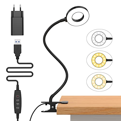 iZELL 23 LED Leselampe Bett Dimmbar -【3 Modi & 10 Helligkeitsstufen】 Augenschutz Klemmlampe mit 40cm Flexiblem Schwanenhals, Klemmleuchte, Leselicht mit 10W USB-Ladegerät