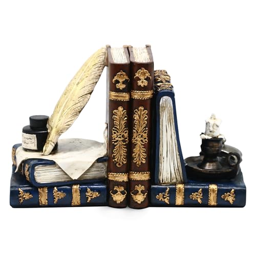 Vintage Buchstützen mit Einzigartige Wizard Federkiel Stift Tintenfass und Kerzenhalter, Antiken Stil Buchstützen, Hochbelastbare Bücherstützen für Regale Magische Heimdekoration