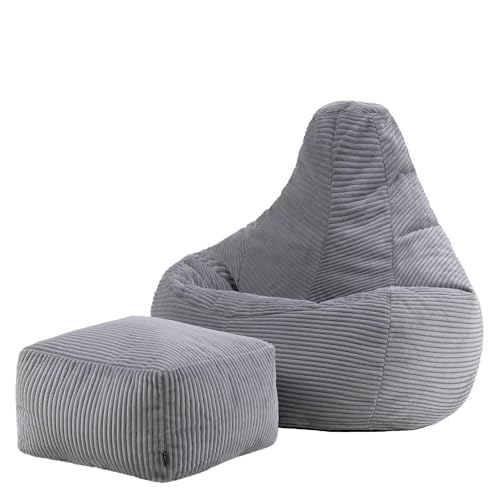 Icon Dalton Sitzsack mit Hocker Cord, Grau, Gaming Sitzsack Erwachsene mit Füllung, Bean Bag, Cord Sessel, Lounge Sessel, Lounge Stuhl, Schlafzimmer, Wohnzimmer, Wohnzimmer Möbel
