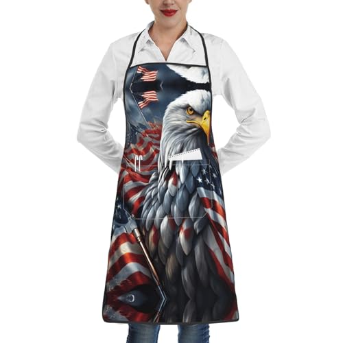 Cvnbmakk Adler mit USA-Flagge, Unisex, Kochschürze mit Taschen, verstellbar, wasserdicht, Küchenschürze zum Kochen, Backen