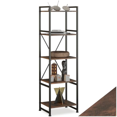 tectake® Bücherregal im Industrie-Design, offenes Regal mit 5 Ebenen, Vintage Standregal mit Kippschutz, Regal schmal für Büro Wohnzimmer Küche, 47,5x34,5x151,5 cm - Industrial Holz dunkel, rustikal
