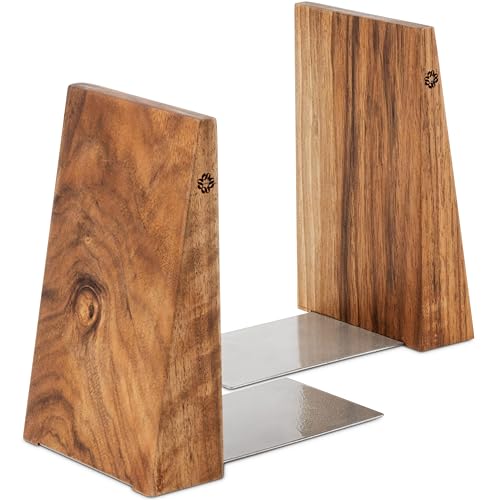 TILISMA Handgefertigte Walnuss Buchstützen für Regale-Bucherstützen aus Holz mit Metallbasis-Buchhalter für Schwere Bücher-Modernes, Dekoratives Buchzubehör, um Bücher Fest im Bücherregal zu Halten