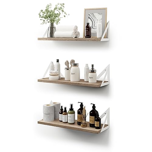 CASSA TOKO Wandmontierte schwebende Bücherregale für die Wand, 3er-Set, Regal Bücherregal für Schlafzimmer Wohnzimmer Büro Badezimmer Küche Rustikales Holz mit Metallhalterung (Naturweiß)