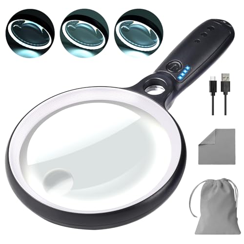 GABORISH Lupe mit Licht USB Aufladbar, 10X 20X 45X Vergrößerungsglas, 37 LED Beleuchtete Handlupe mit 3 Lichtmodi, Leselupe mit Licht für Senioren Groß (Weiß & Schwarz)