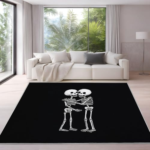 Generisch Teppich für Wohnzimmer Schlafzimmer Pflegeleicht, Minimalistisch Cartoon Roman tisch Totenkopf Kurzflor Teppiche Waschbar rutschfest Anti-Rutsch, 150 x 180 cm Esszimmer Heimbüro Weiß Schwarz