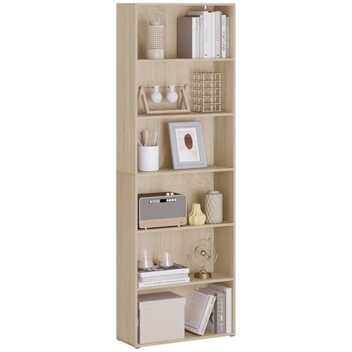 WOLTU Bücherregal, Regal mit 6 verstellbaren Ebenen, offenes Standregal, Raumteiler stehend, Aufbewahrungsregal für Wohnzimmer, Büro, Schlafzimmer, 60x180x23,5 cm, helle Eiche，SK052hei