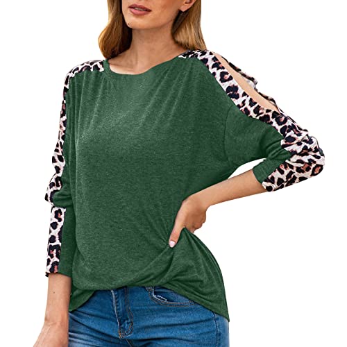Damen-T-Shirt mit Rundhalsausschnitt Leopardenmuster, schulterfrei, langärmlig Lange Shirts Damen (Green, XXL)