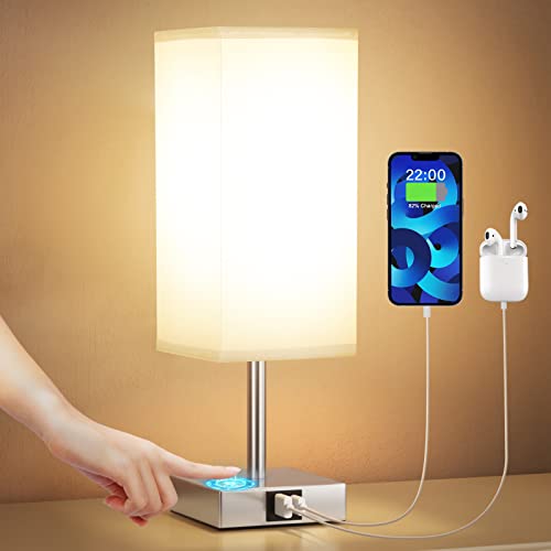 Kakanuo Nachttischlampe Touch Dimmbar mit USB A+Typ-C-Anschlüssen, LED-Birne Inklusive, Grauer Lampenschirm Metallfuß, Moderne Tischlampe für Schlafzimmer Wohnzimmer Babyzimmer Hotel Büro