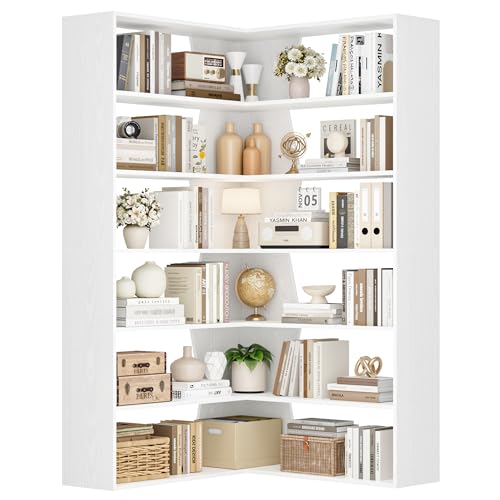 FirFurd 190 cm Eckregal stehend Bücherregal Eckbücherregal mit 6 Ebenen, L-förmiger Eckschrank Hochschrank Bücherschrank Eckvitrine für Arbeitszimmer Wohnzimmer Küche, 90x90x190.5cm, weiß
