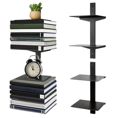 Zinueen 2er Set Schwebendes Bücherregal, Unsichtbares Bücherregal Wand Hängend, 4-stöckiger Bücherturm aus Metall, Tragkraft 12kg pro Ebene, Schwarz