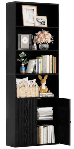 IRONCK Bücherregal mit Türen, Standregal mit 6 Ebenen, Holz Regal mit Türen, Bücherschrank, offenes Aufbewahrungsregal für Arbeitszimmer, Büro, Wohnzimmer, Schlafzimmer 180 x 60 x 23.5cm (schwarz)