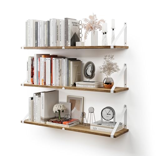 CASSA ZENO Wandmontierte schwebende Bücherregale für die Wand, 3er-Set, 80cm x 20cm Regal Bücherregal für Schlafzimmer Wohnzimmer Büro Badezimmer Küche Rustikales Holz mit Metallhalterung (Naturweiß)