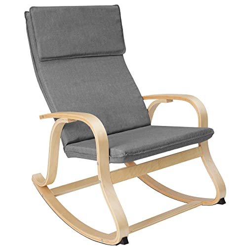 tectake® Holz Schaukelstuhl, Schaukelsessel mit Armlehnen, Rocking Chair, Sessel für Wohnzimmer, Babyzimmer, als Stillstuhl oder Sessel Schlafzimmer, Möbel mit Auflage und Kissen bis 150kg - hellgrau
