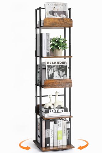 Bikoney 5-stöckiges Drehbares Bücherregal, Eck-Bücherregal Turm, Freistehendes Schmales Regal im Industrie-Stil, Hoher Bücherständer aus Metall für Wohnzimmer, Büro und Kleine Räume Schwarz