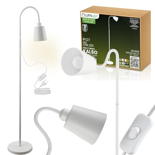 Lumiled Stehlampe Weiß höhenverstellbar Leselampe Schreibtischlampe E27 max 13W LED 230V Metall Modern Standleuchte für Wohnzimmer Schlafzimmer Büro Lampenshirm Bodenlampe ohne Leuchtmittel