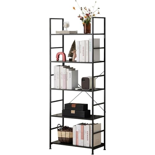 Bücherregal mit 5 Ebenen – Standregal aus Holz mit Metallrahmen, kratzfest & wasserabweisend – stabiles Regal mit Anti-Kipp-Vorrichtung für Wohnzimmer, Büro, Arbeitszimmer, Küche, Schwarz