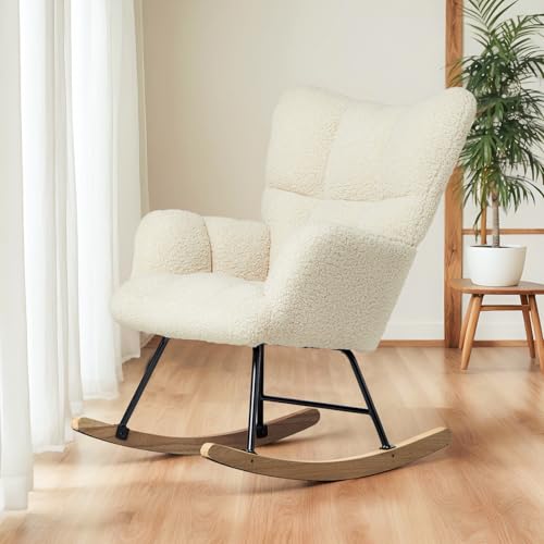 DARDVORLAG Schaukelstuhl mit weichem Lammfellimitat Beiger Relaxstuhl im Skandi-Stil gepolstert & ergonomisch ideal fürs Wohnzimmer Schlafzimmer