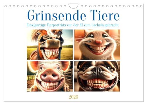 Grinsende Tiere - Tierporträts von der KI zum Lächeln gebracht (Wandkalender 2026 DIN A4 quer), CALVENDO Monatskalender: Freude pur in jedem Tierbild (CALVENDO Spass)