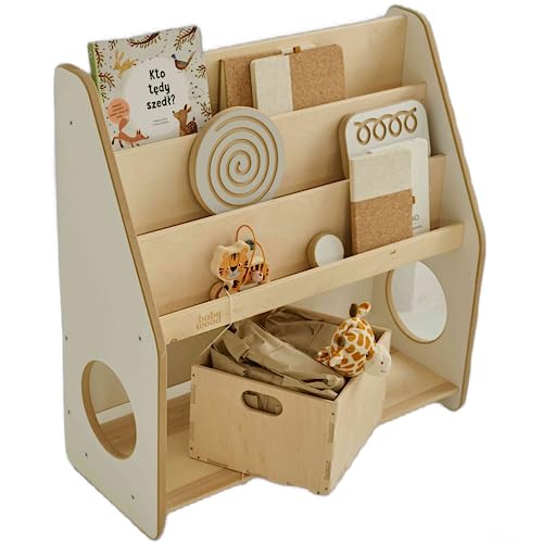 Babywood Bücherregal aus Holz für Kinder | Kinderregal mit 2 Spielzeugkisten | Montessori Bücherregal | sicheres Bücherregaler | Bücherregal für das Kinderzimmer