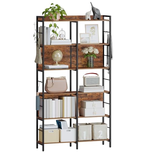 Hzuaneri Bücherregal, 11-Gitter-Regal, 6-lagige Racks in Zwei Spalten, Lagerregal, verstellbare Rückwand, offenes Bücherregal, geeignet für Schlafzimmer, Wohnzimmer, Büro, Vintage Braun, BC71001B
