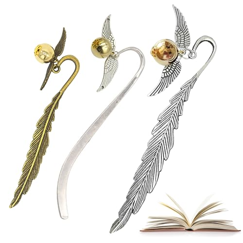 Harry Lesezeichen, 3 Stück Zauberfeder Lesezeichen, Goldener Schnatz Lesezeichen, Harry Lesezeichen Metall, Geschenke für Leseratten/Damen/Teenager/Mädchen (Silber+Gold)