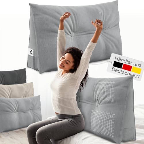 ELONEO Rückenkissen 70 cm breit, Keilkissen für Bett und Sofa geeignet, dreieckiges Lesekissen, Kissen mit abnehmbarem und waschbarem Bezug, mit praktischem Seitenfach