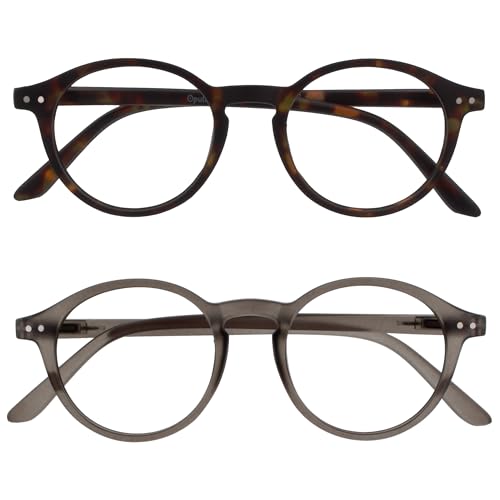 OPULIZE REY Lesebrille - 2er-Pack - Runder Retro-Rahmen - Mattbraunes Schildpatt, Grau - Herren Damen - Federscharniere - RR56-27 - +1.50